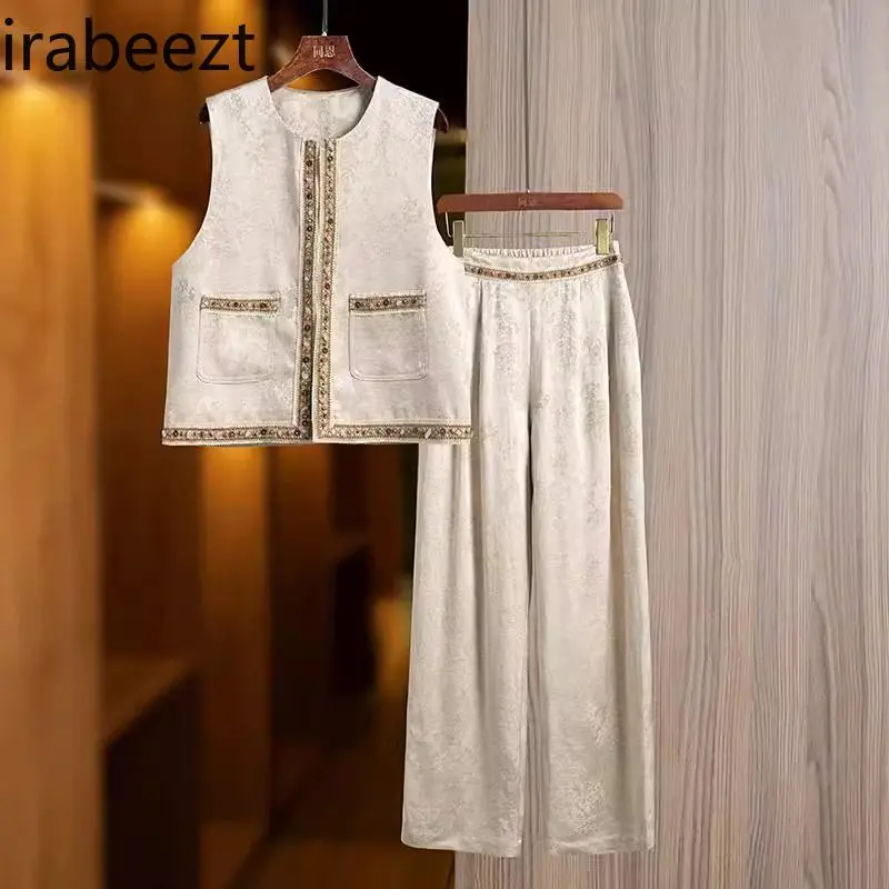 2025 New Chinese Style Embroidered Vest Women's Spring Vintage Ethnic Boho Jacket Round Neck Beaded Oriental Lace-Up Blouse Top