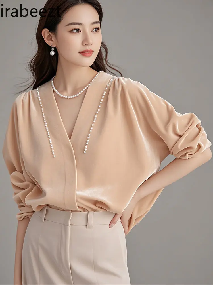 2025 New French Style Blouse Women's Elegant Velvet Pearl Embroidered Shirt Pink Fall Fashion Chic Ladies Top