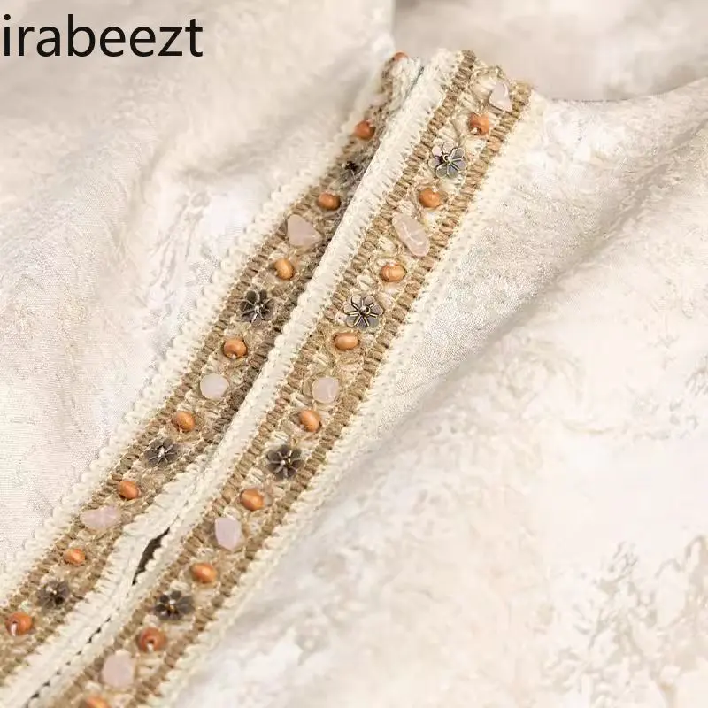 2025 New Chinese Style Embroidered Vest Women's Spring Vintage Ethnic Boho Jacket Round Neck Beaded Oriental Lace-Up Blouse Top