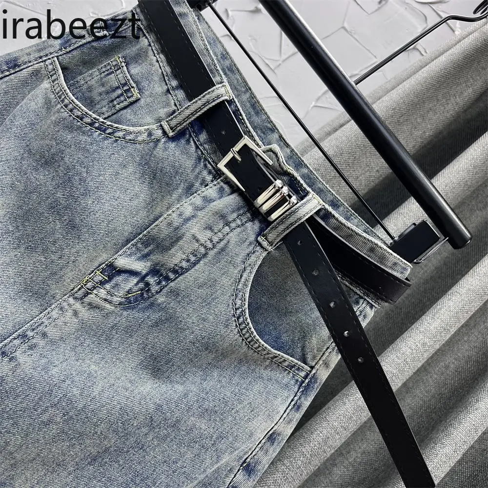 Women's High Waist Denim A-Line Skirt Summer Vintage Slim Fit Asymmetrical Hem Raw Edge Midi Pencil Skirt Casual Streetwear