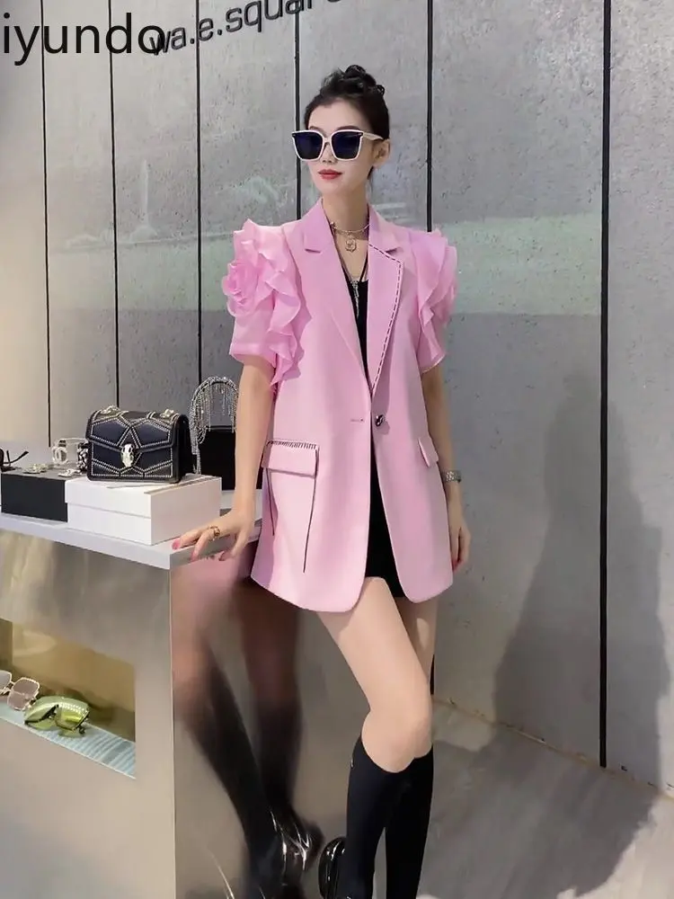 Small-sized Tops Small-sized Design Temperament Korean-style Short-sleeved Pink Suit Jacket for Women in Spring Blazers