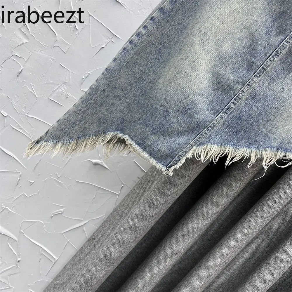 Women's High Waist Denim A-Line Skirt Summer Vintage Slim Fit Asymmetrical Hem Raw Edge Midi Pencil Skirt Casual Streetwear