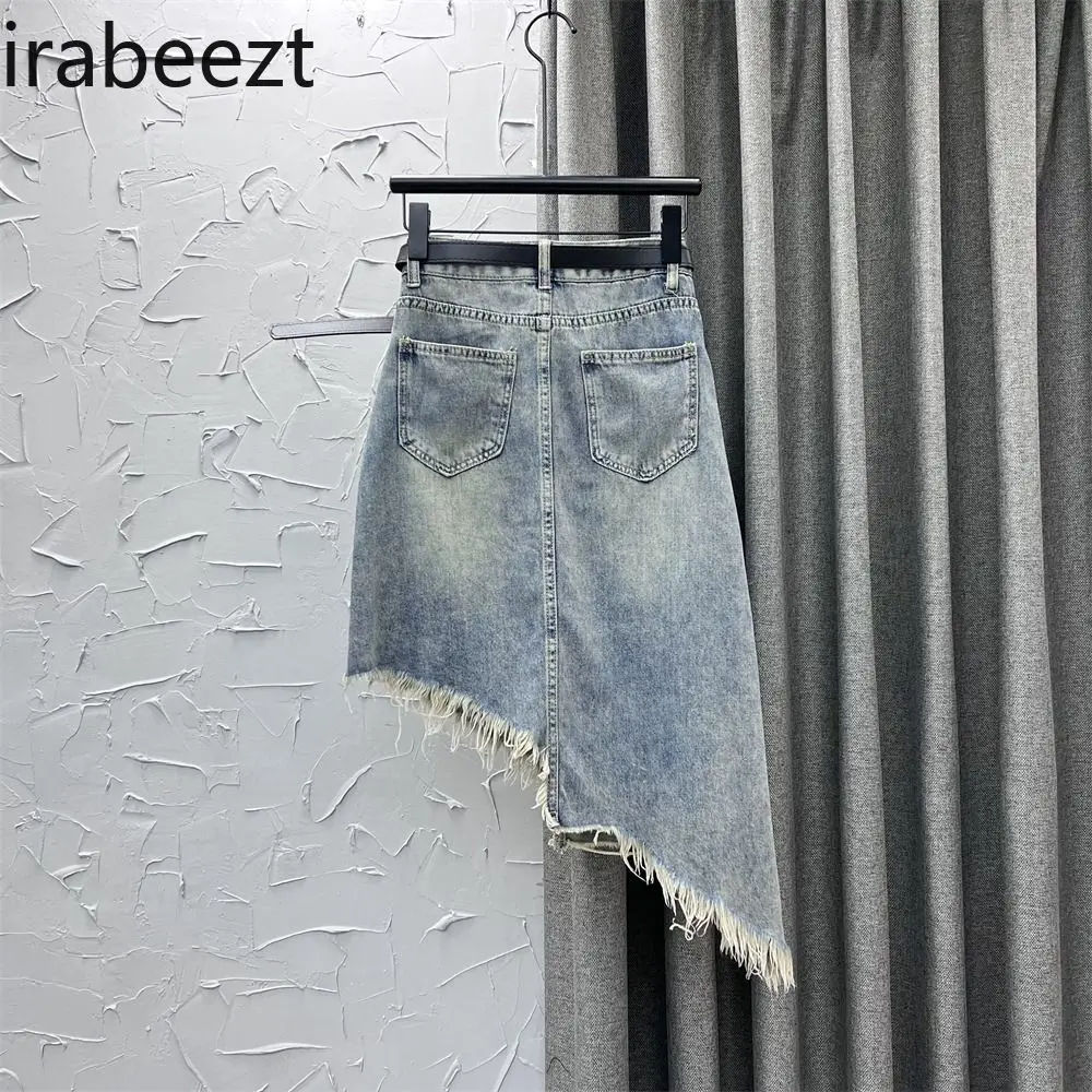 Women's High Waist Denim A-Line Skirt Summer Vintage Slim Fit Asymmetrical Hem Raw Edge Midi Pencil Skirt Casual Streetwear