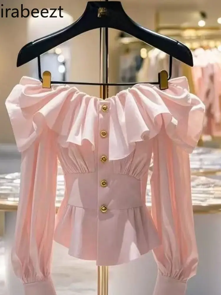 2025 Spring Women's Blouse Pink Off Shoulder Long Sleeve Shirt Ruffled Cuffed Sweet Waist Tie Floral Casual Tops