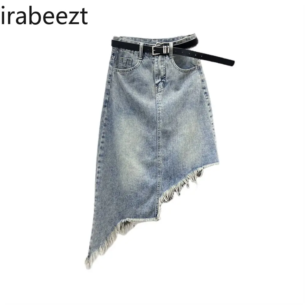 Women's High Waist Denim A-Line Skirt Summer Vintage Slim Fit Asymmetrical Hem Raw Edge Midi Pencil Skirt Casual Streetwear