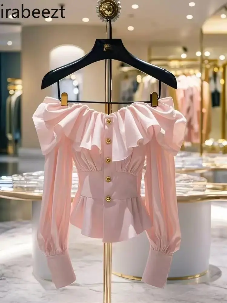 2025 Spring Women's Blouse Pink Off Shoulder Long Sleeve Shirt Ruffled Cuffed Sweet Waist Tie Floral Casual Tops