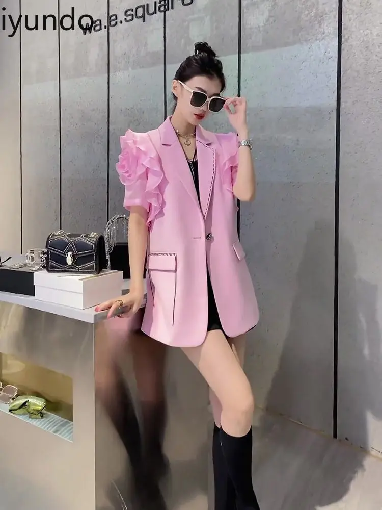 Small-sized Tops Small-sized Design Temperament Korean-style Short-sleeved Pink Suit Jacket for Women in Spring Blazers