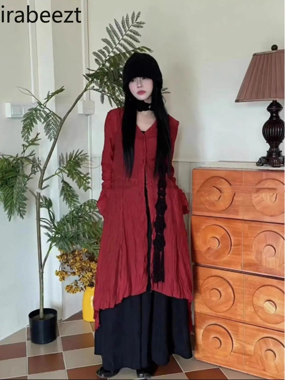 Red Oversized Asymmetrical Pleated Long-Sleeve Flounce Dress for Women Unique Folded Design Party Streetwear Formal Outfit