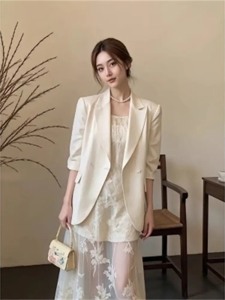 Women's French Style Two-Piece Set - White Blazer & Strapless Dress Spring Elegant Chic Outfit for Mature Women