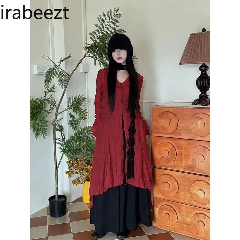Red Oversized Asymmetrical Pleated Long-Sleeve Flounce Dress for Women Unique Folded Design Party Streetwear Formal Outfit