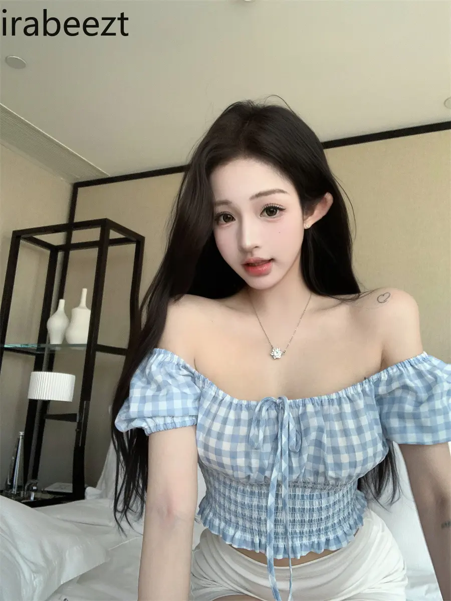 2025 New Blue Checkered Off Shoulder Short Sleeve Blouse French Bubble Sleeve Summer Cute Crop Top Women's Fashion