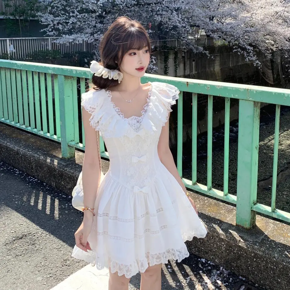 2025 New French A-Line White Robe Women's Short Sleeve Flutter Princess Waist Flare Summer Casual Elegant Mini Dress