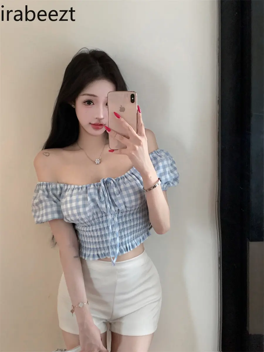 2025 New Blue Checkered Off Shoulder Short Sleeve Blouse French Bubble Sleeve Summer Cute Crop Top Women's Fashion