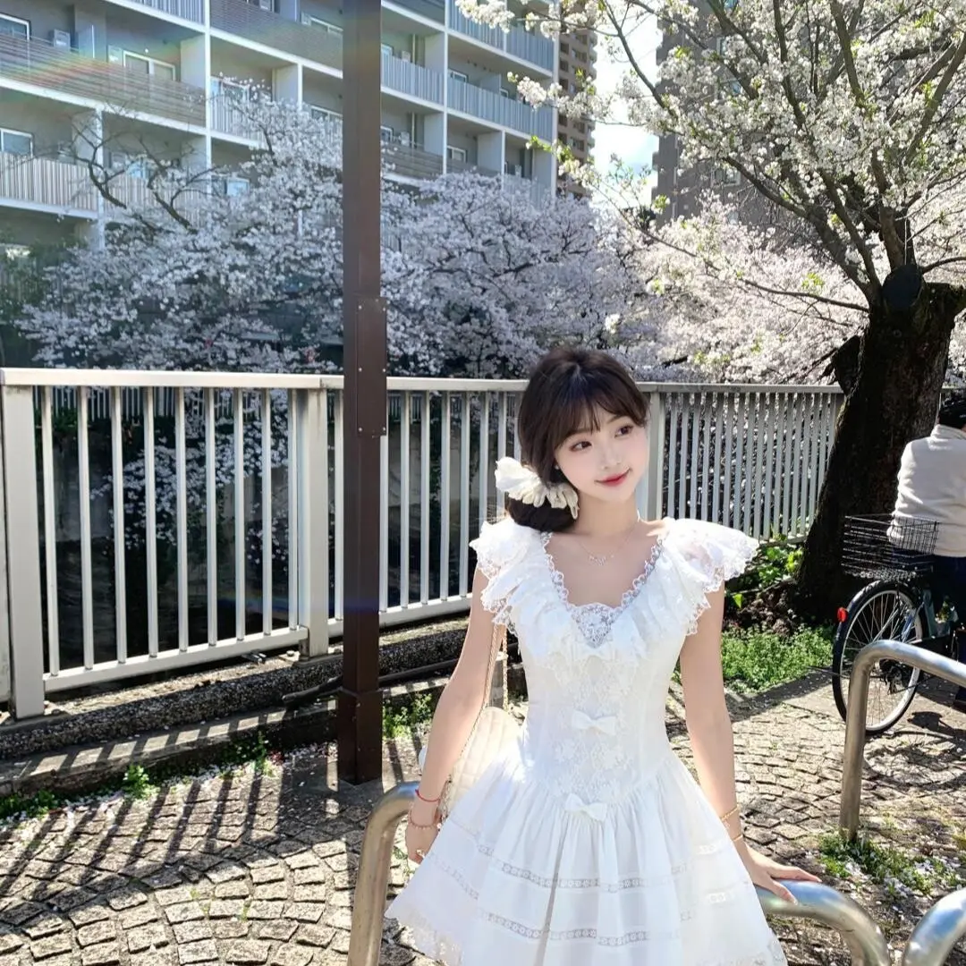 2025 New French A-Line White Robe Women's Short Sleeve Flutter Princess Waist Flare Summer Casual Elegant Mini Dress