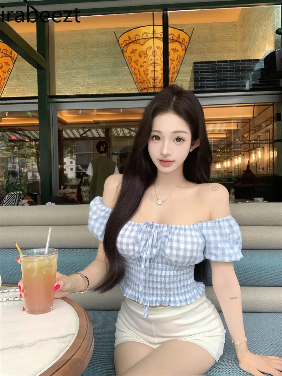 2025 New Blue Checkered Off Shoulder Short Sleeve Blouse French Bubble Sleeve Summer Cute Crop Top Women's Fashion