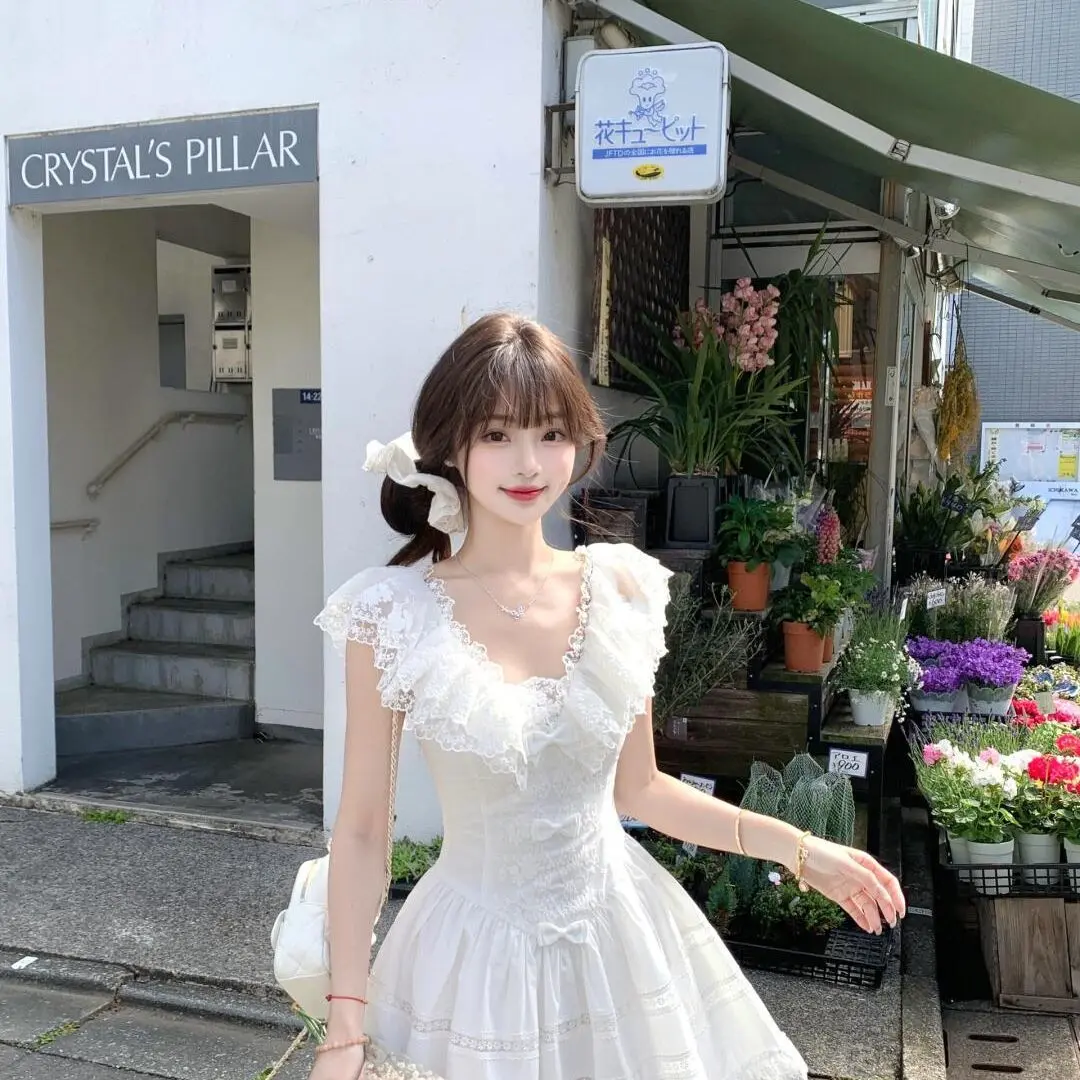 2025 New French A-Line White Robe Women's Short Sleeve Flutter Princess Waist Flare Summer Casual Elegant Mini Dress