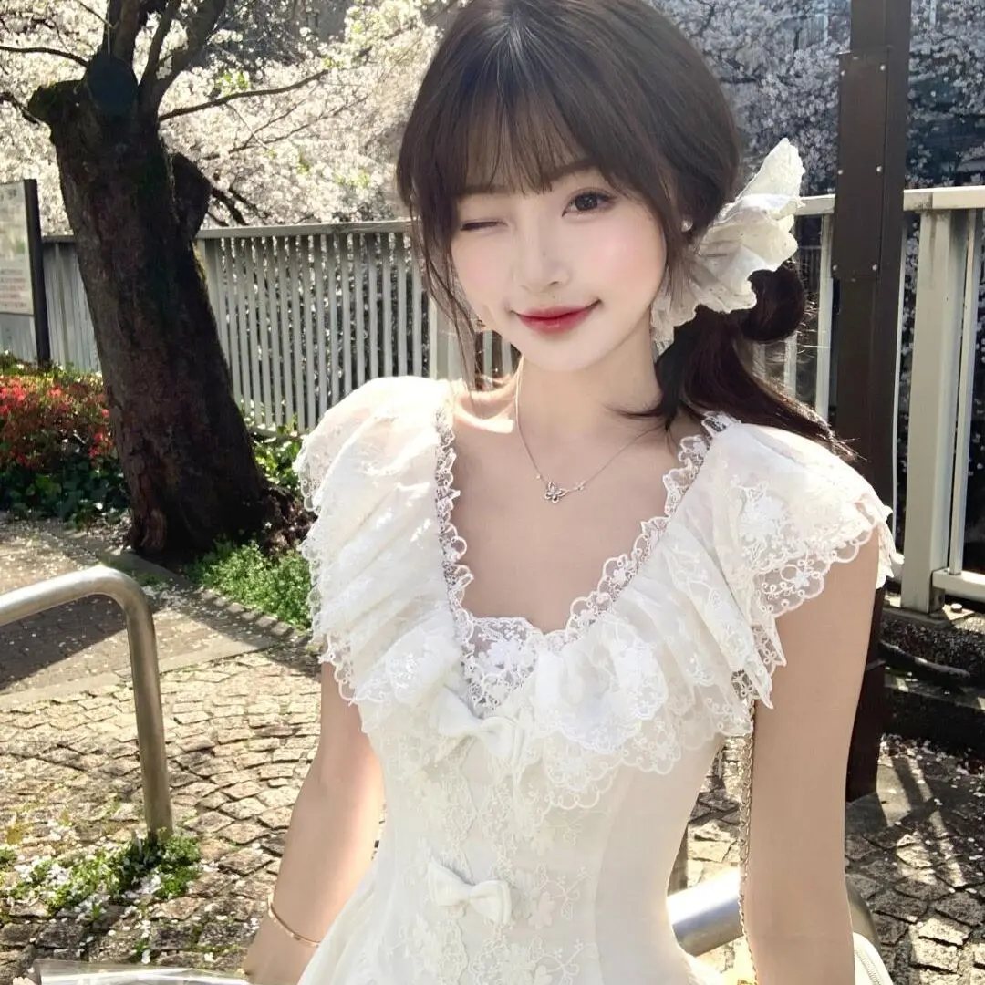 2025 New French A-Line White Robe Women's Short Sleeve Flutter Princess Waist Flare Summer Casual Elegant Mini Dress