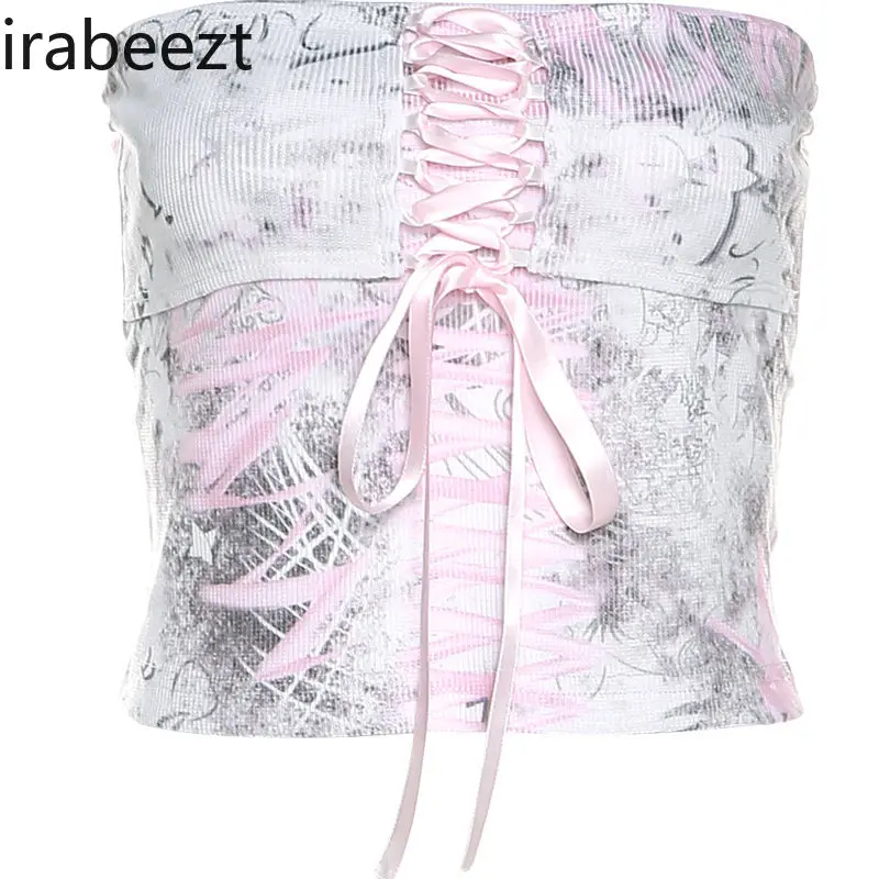 Sweet Retro Y2K Pink Crisscross Tie-Up Bustier Top for Women Cute Summer Tube Vest Sexy Cute Bralette, Strapless Crop Camisole
