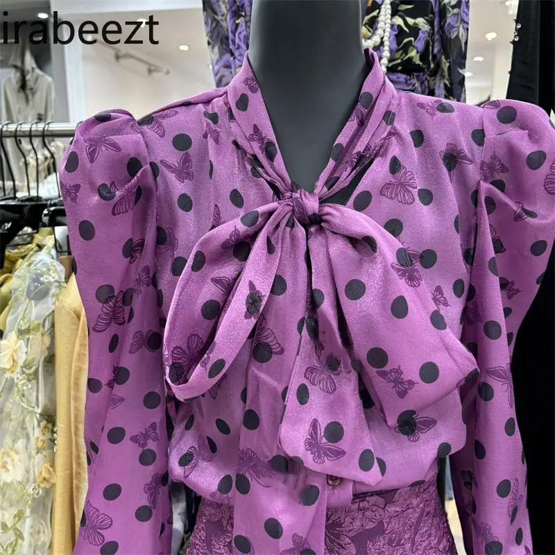 Korean Version Tie Bow Polka Dot Shirt Women 2024 Spring New Fashion Temperament All Match Bubble Sleeve Top Camisas De Mujer