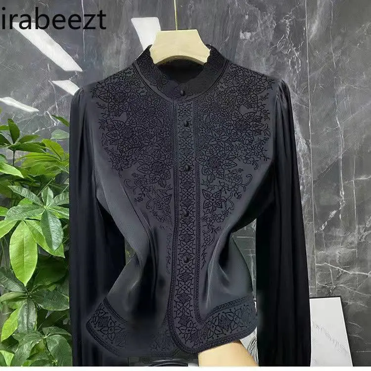 Elegant Embroidered Blouse Women's 2025 Spring New Arrival  Style Stand Collar Hollow Out Chiffon Shirt Lady High-End
