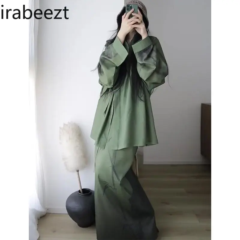 ​Elegant Chinese Style Women's Set Tie Waist Zen Blouse Printed A-Line Skirt Retro Slimming Two Piece Outfit