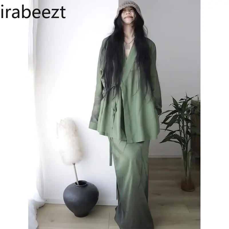 ​Elegant Chinese Style Women's Set Tie Waist Zen Blouse Printed A-Line Skirt Retro Slimming Two Piece Outfit