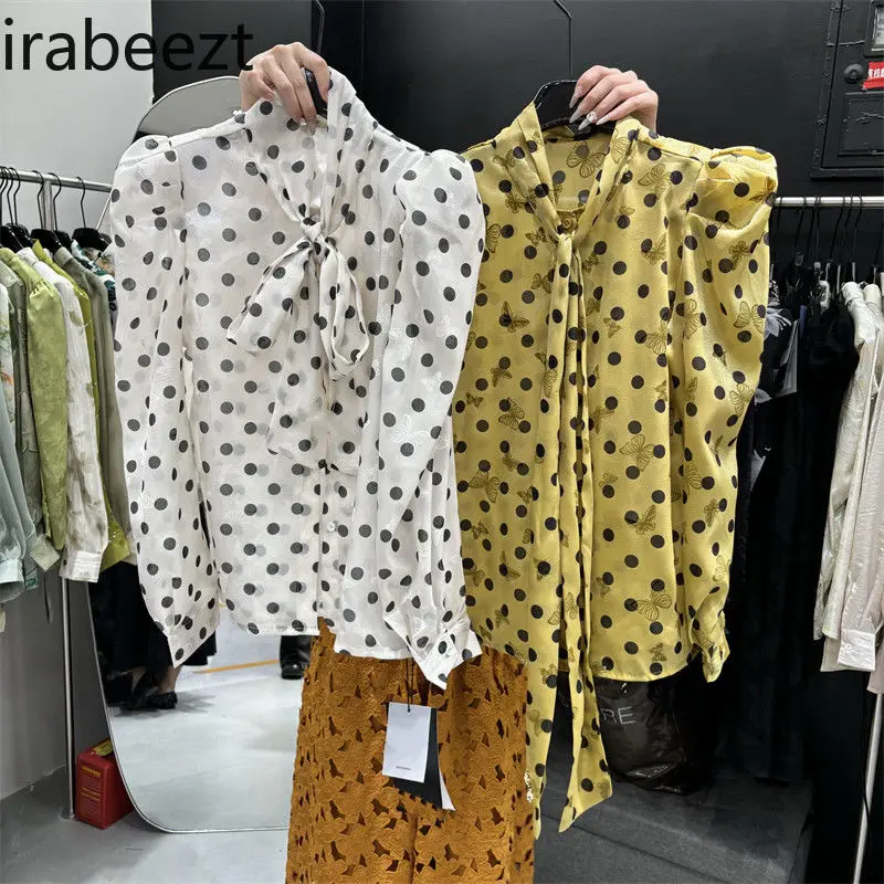 Korean Version Tie Bow Polka Dot Shirt Women 2024 Spring New Fashion Temperament All Match Bubble Sleeve Top Camisas De Mujer