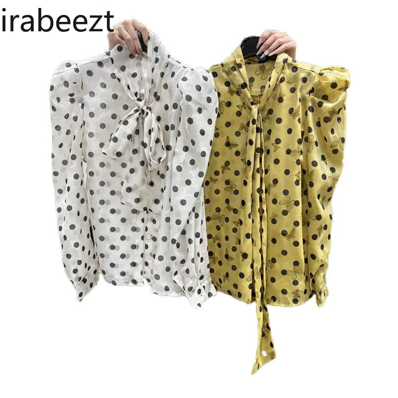 Korean Version Tie Bow Polka Dot Shirt Women 2024 Spring New Fashion Temperament All Match Bubble Sleeve Top Camisas De Mujer