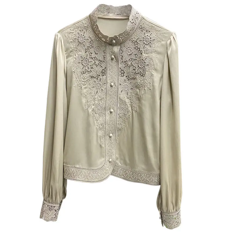 Elegant Embroidered Blouse Women's 2025 Spring New Arrival  Style Stand Collar Hollow Out Chiffon Shirt Lady High-End