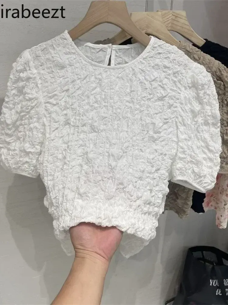 Summer New Korean Style Three-dimensional Fold Chic Design Sense of Niche Bubble Short-sleeved Chiffon Shirt Blusas Femininas