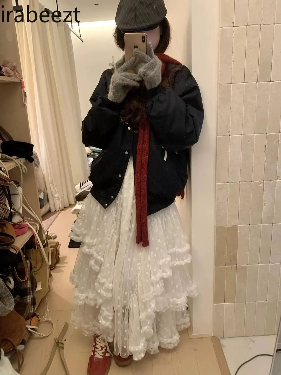 Elegant White Lace Trimmed Midi Skirt High Waist Floral Embroidery A-Line Winter Long Skirt with Elastic Waist & Scalloped Hem