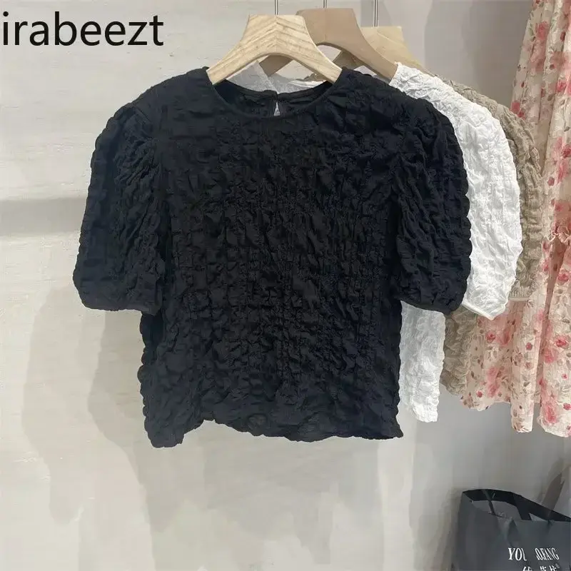Summer New Korean Style Three-dimensional Fold Chic Design Sense of Niche Bubble Short-sleeved Chiffon Shirt Blusas Femininas