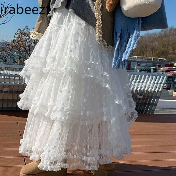 Elegant White Lace Trimmed Midi Skirt High Waist Floral Embroidery A-Line Winter Long Skirt with Elastic Waist & Scalloped Hem