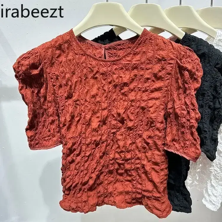 Summer New Korean Style Three-dimensional Fold Chic Design Sense of Niche Bubble Short-sleeved Chiffon Shirt Blusas Femininas