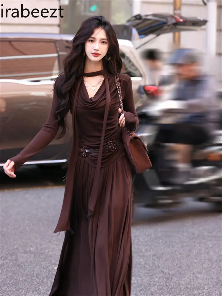 Chic Outfit for Women Premium Quality Autumn Women's Y2K Stylish Long Sleeve Fit & Flare Blouse + High-Waist Skirt 2-Piece Set