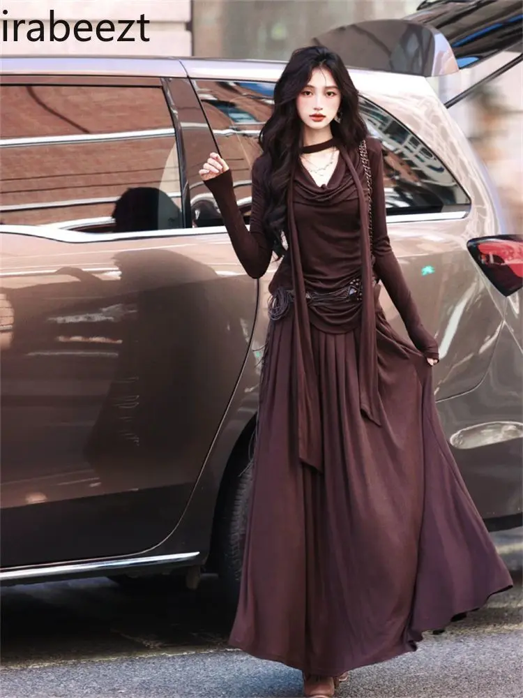 Chic Outfit for Women Premium Quality Autumn Women's Y2K Stylish Long Sleeve Fit & Flare Blouse + High-Waist Skirt 2-Piece Set