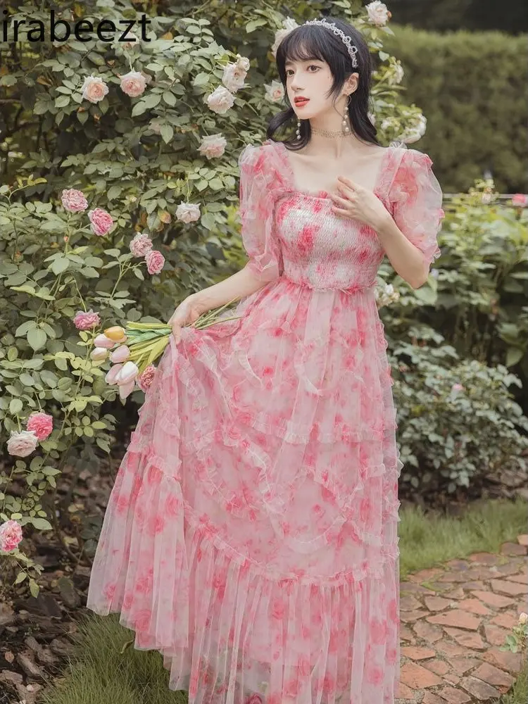 Floral Summer Gown Women's French Style Sweet Boho Long Sleeveless Chiffon Maxi Beach Dress for Vacation Seaside Elegant