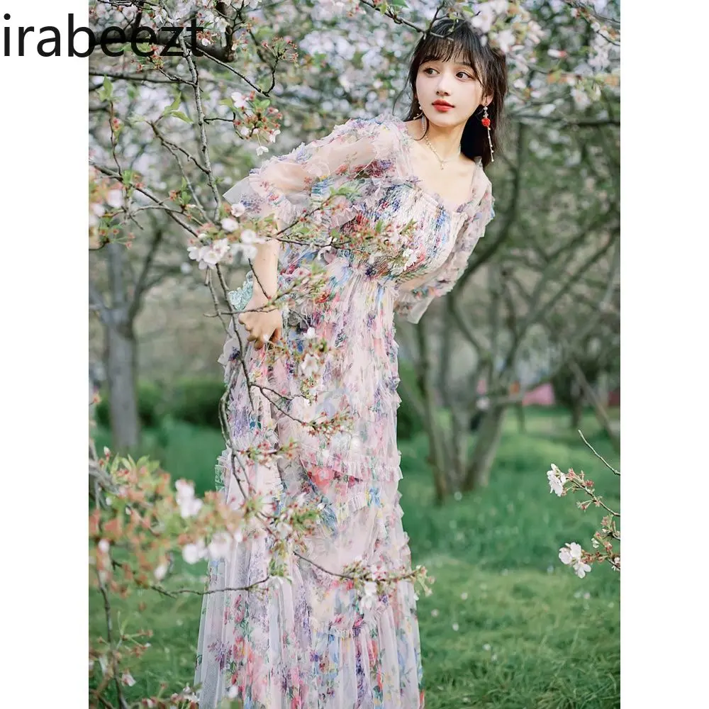 Floral Summer Gown Women's French Style Sweet Boho Long Sleeveless Chiffon Maxi Beach Dress for Vacation Seaside Elegant