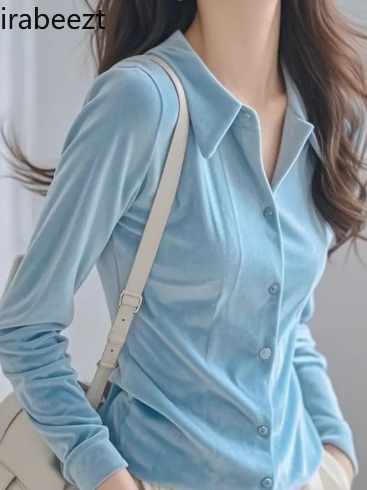 French Luxury Polo Collar Blue Velvet Blouse Women's Elegant Long Sleeve Shirt Chic Autumn Winter Fashion Slim Fit Unique Design