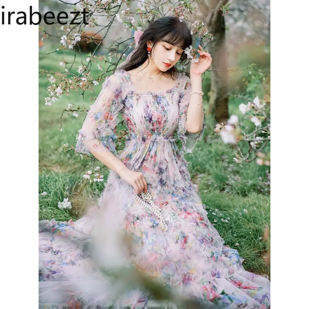 Floral Summer Gown Women's French Style Sweet Boho Long Sleeveless Chiffon Maxi Beach Dress for Vacation Seaside Elegant