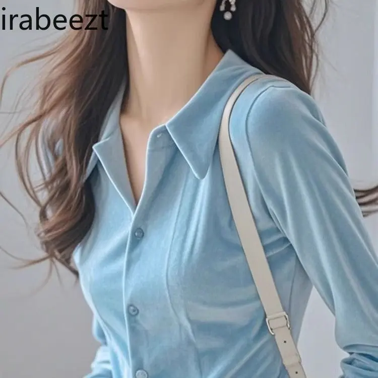 French Luxury Polo Collar Blue Velvet Blouse Women's Elegant Long Sleeve Shirt Chic Autumn Winter Fashion Slim Fit Unique Design