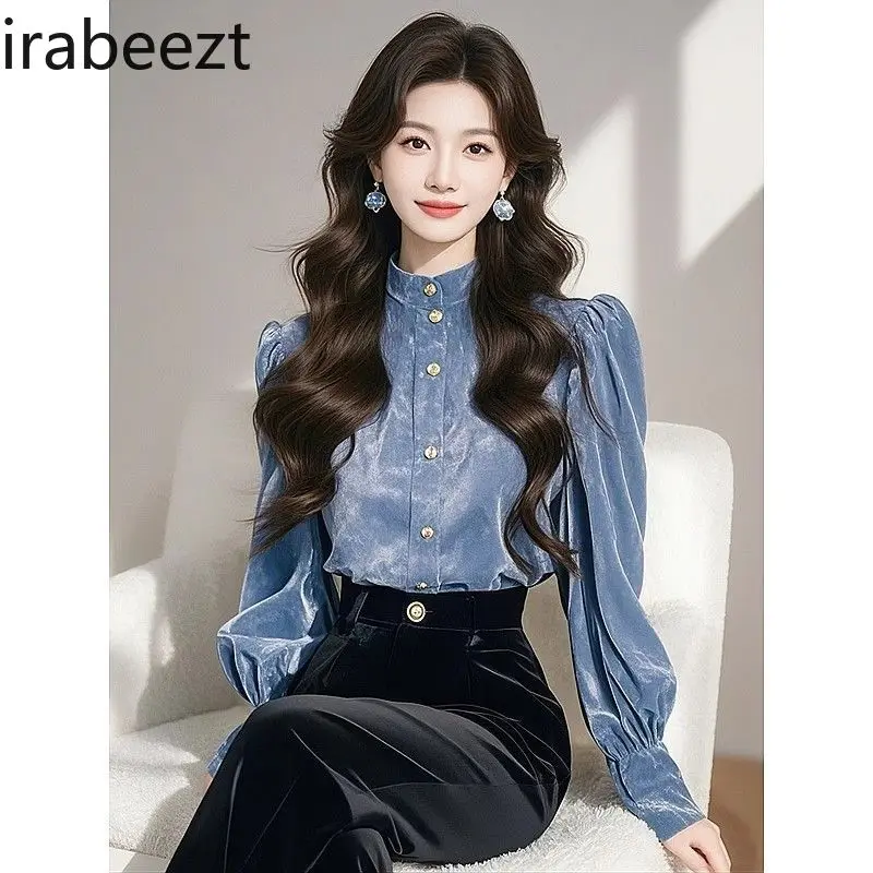 Elegant Blue Velvet Blouse Women Winter 2025 Fashion Stand Collar Long Sleeve Tops Luxury Casual Chic Shirts Female