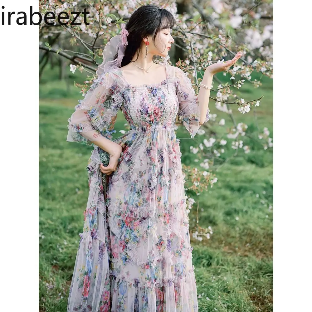 Floral Summer Gown Women's French Style Sweet Boho Long Sleeveless Chiffon Maxi Beach Dress for Vacation Seaside Elegant