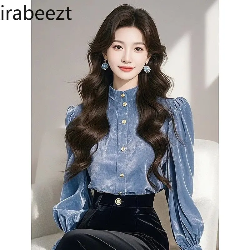 Elegant Blue Velvet Blouse Women Winter 2025 Fashion Stand Collar Long Sleeve Tops Luxury Casual Chic Shirts Female