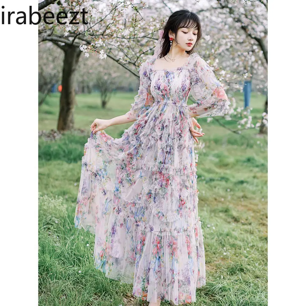 Floral Summer Gown Women's French Style Sweet Boho Long Sleeveless Chiffon Maxi Beach Dress for Vacation Seaside Elegant