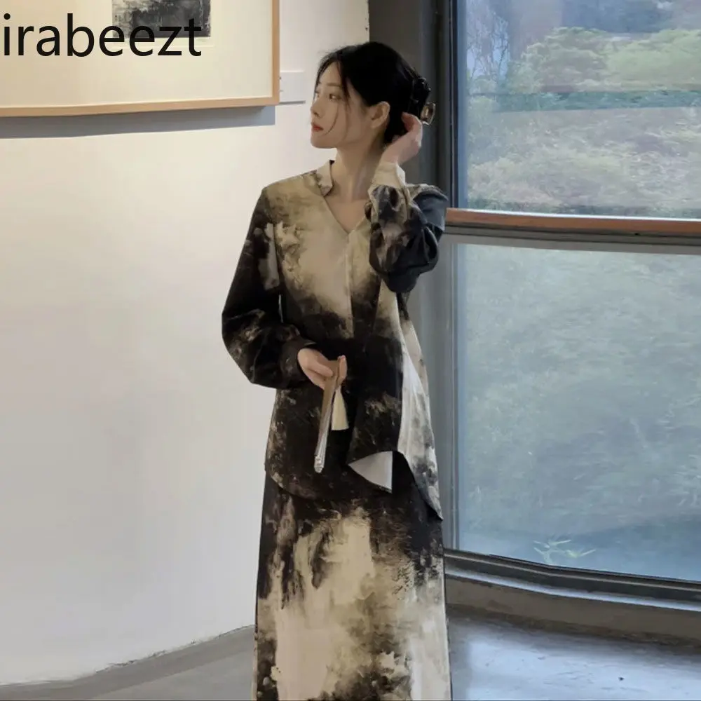 2025 Spring Autumn New Vintage Chinese Style Elegant Youthful Two-Piece Set for Women - Loose Blouse + High-Waist Skirt