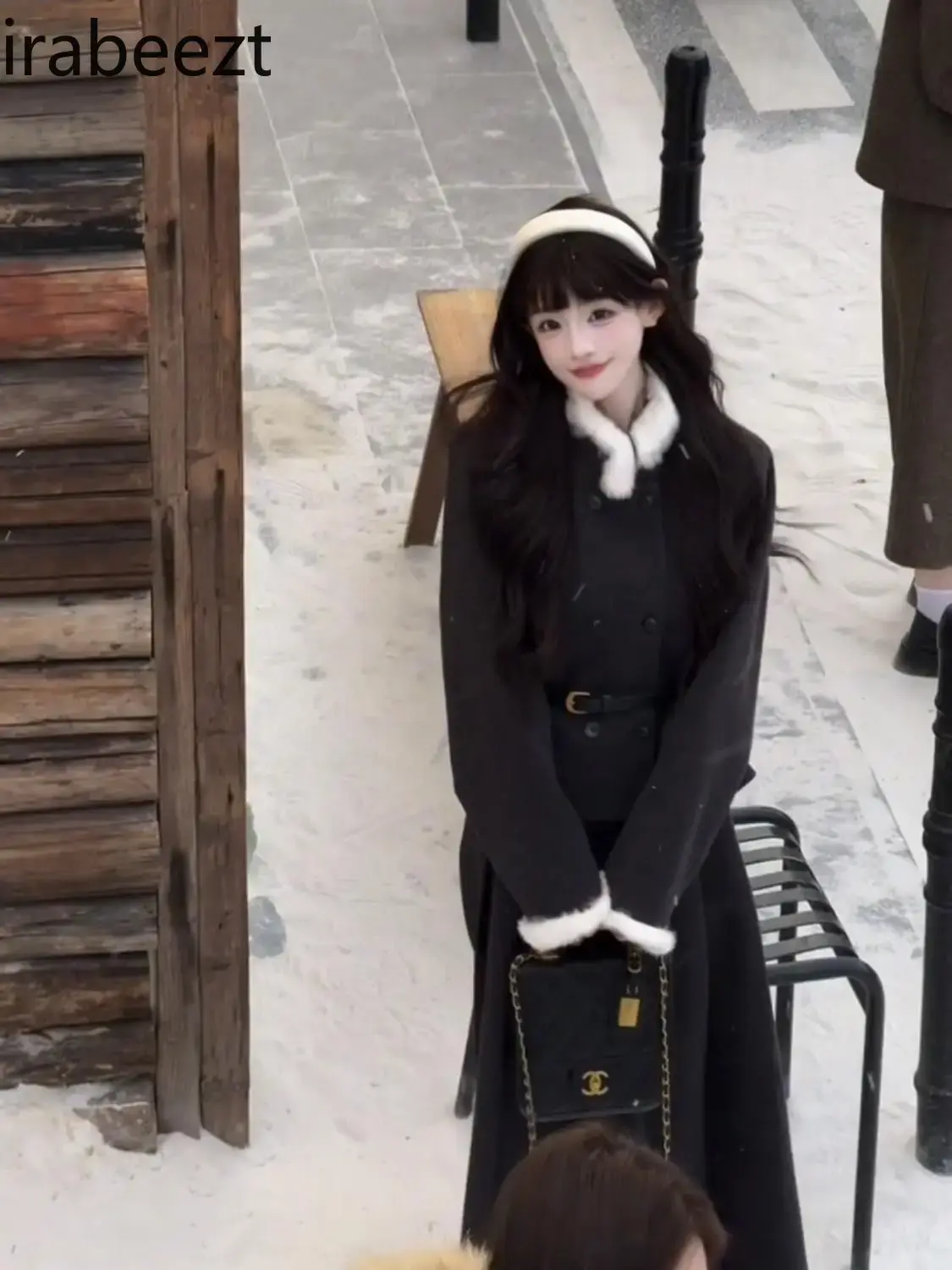 Fur Collar Double Breasted Elegantcoat for Women Winter High Waist Hip Skirt Suit Mainland China Fashion Blazer Femenino