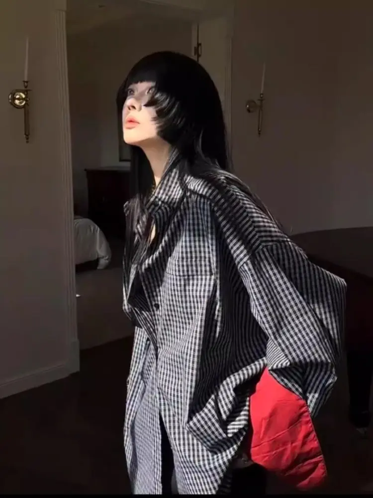 Korean Retro Long-sleeved Contrast Color Stitching Plaid Shirt Female 2025 New Loose Tops Fashionable Temperament Blouse