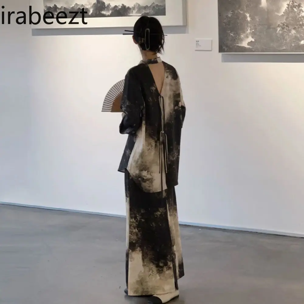2025 Spring Autumn New Vintage Chinese Style Elegant Youthful Two-Piece Set for Women - Loose Blouse + High-Waist Skirt