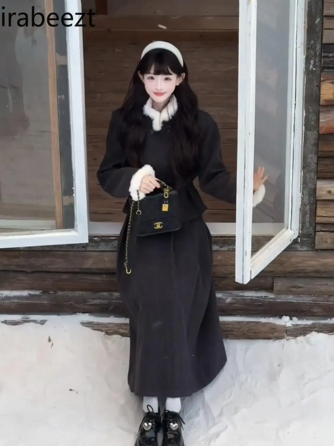 Fur Collar Double Breasted Elegantcoat for Women Winter High Waist Hip Skirt Suit Mainland China Fashion Blazer Femenino